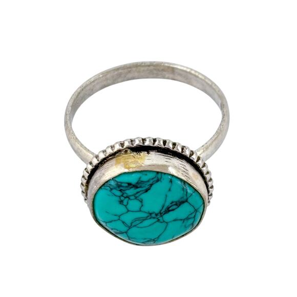 Round Southwestern Turquoise Ring | Vintage Sterling Silver 925 | Size 10 - Picture 4 of 11